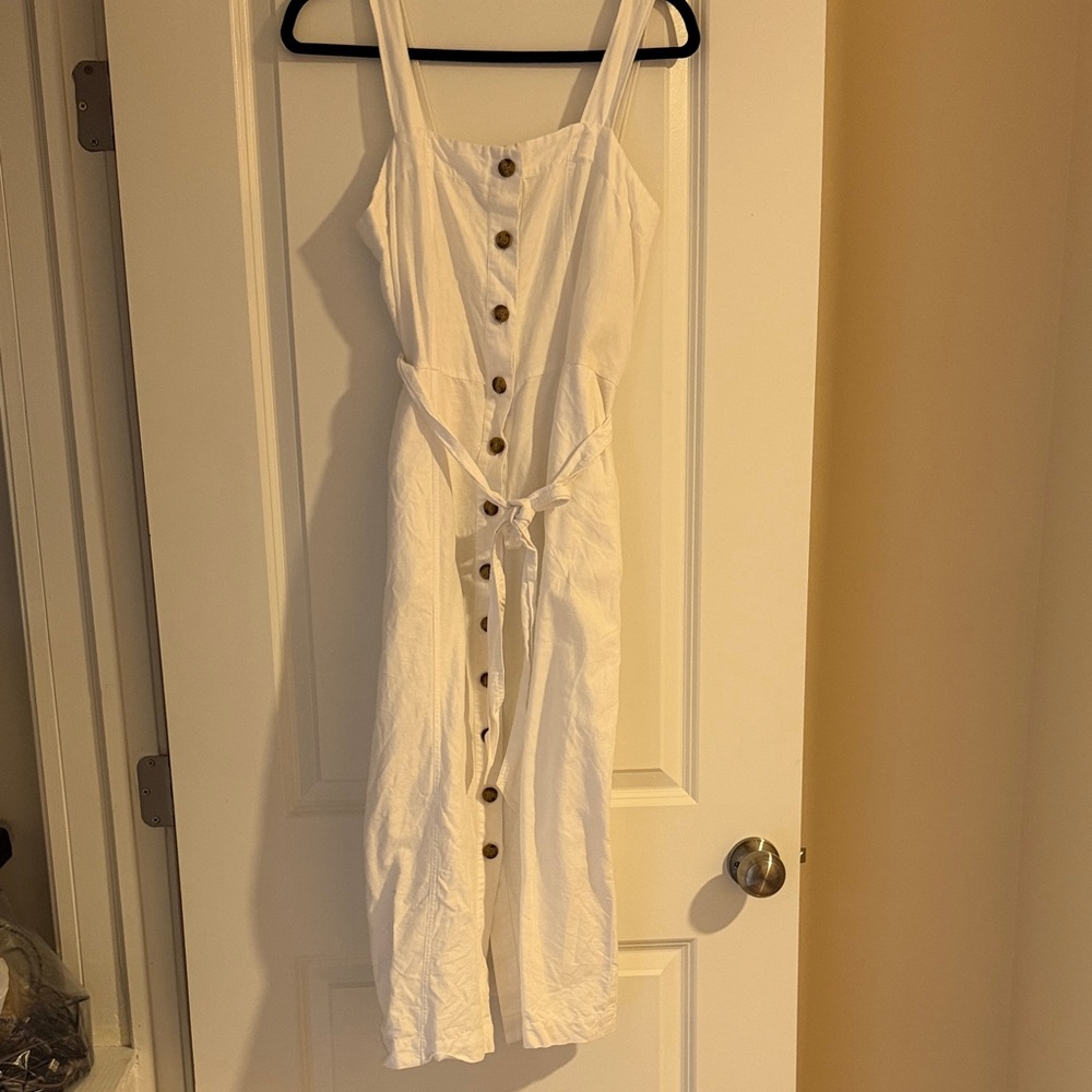 LOFT White Button-Front Midi Dress with Tie